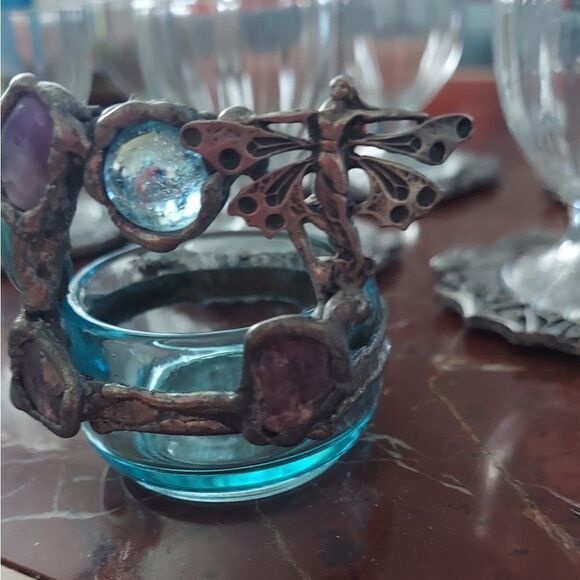 Vtg Handforged Trinket Dish Rustic Semi Precious Stones Fairy Art - Picture 6 of 8